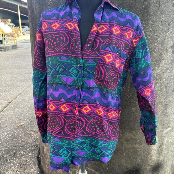 Vintage Silk Long Sleeve Blouse Womens XS Geometric Print 80's Artsy - Picture 1 of 6